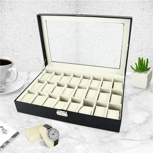 Watch Box 24 Slot PU Leather Display Case with Lock Acrylic Top Organizer